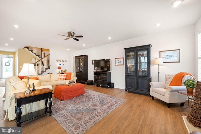 355 Dillon Cir, Middletown, DE 19709 - living area featuring stairs, wood finished floors, a ceiling fan, and recessed lighting