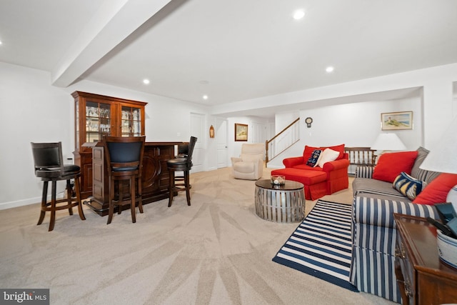 355 Dillon Cir, Middletown, DE 19709 - living room featuring bar, carpet, recessed lighting, baseboards, and stairway