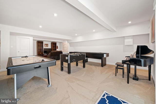 355 Dillon Cir, Middletown, DE 19709 - game room featuring baseboards, light colored carpet, beam ceiling, and recessed lighting