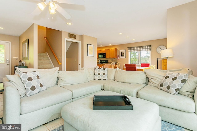 175 Roman Ridge Rd Unit 15, Oakland, MD 21550 - living room with plenty of natural light, stairway, recessed lighting, a ceiling fan, and light tile patterned floors