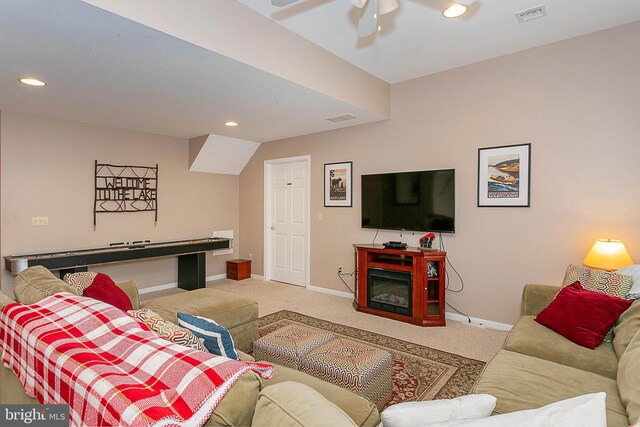 175 Roman Ridge Rd Unit 15, Oakland, MD 21550 - carpeted living area with baseboards, a ceiling fan, recessed lighting, and a glass covered fireplace