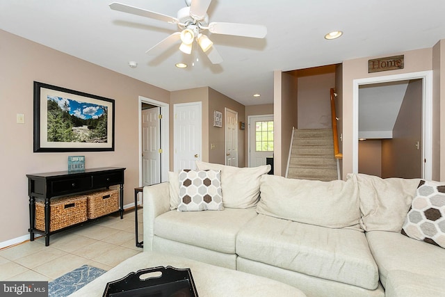 175 Roman Ridge Rd Unit 15, Oakland, MD 21550 - living room with light tile patterned flooring, ceiling fan, baseboards, stairs, and recessed lighting