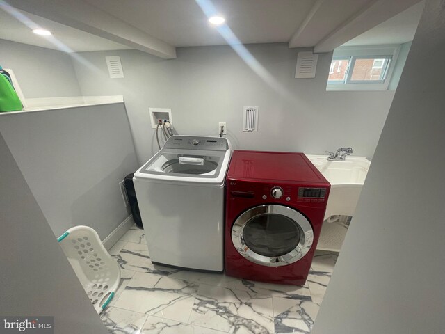 453 Bert Ave, Trenton, NJ 08629 - washroom featuring washing machine and clothes dryer, light marble finish floors, and recessed lighting