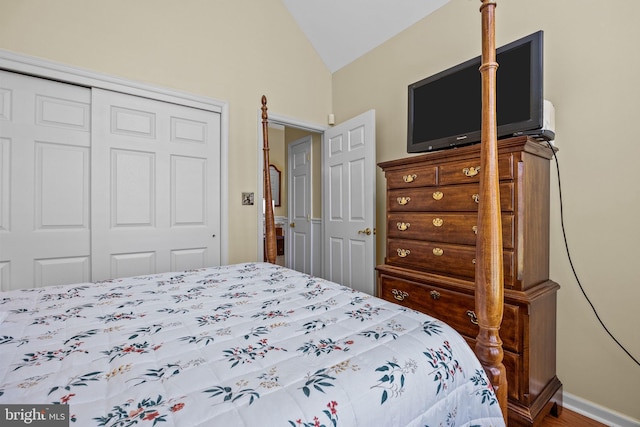 bedroom with lofted ceiling, a closet, and wood finished floors