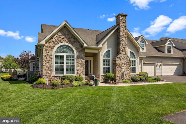 view of front facade featuring stone siding, asphalt driveway, a front yard, a chimney, and a shingled roof