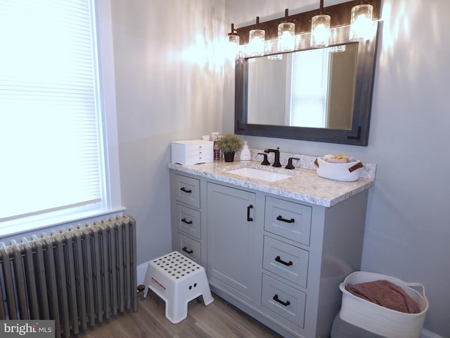 bathroom with radiator, wood finished floors, and vanity