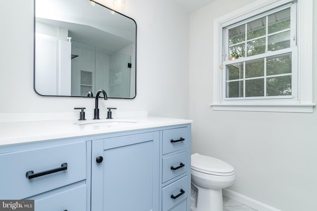203 Shenandoah Rd, Cinnaminson, NJ 08077 - full bathroom with marble look tile flooring, vanity, toilet, baseboards, and a shower