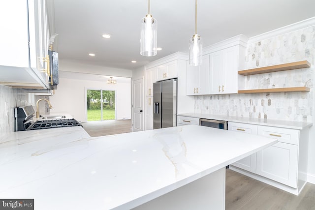 203 Shenandoah Rd, Cinnaminson, NJ 08077 - kitchen with stainless steel fridge with ice dispenser, light stone countertops, backsplash, light wood-style flooring, and recessed lighting