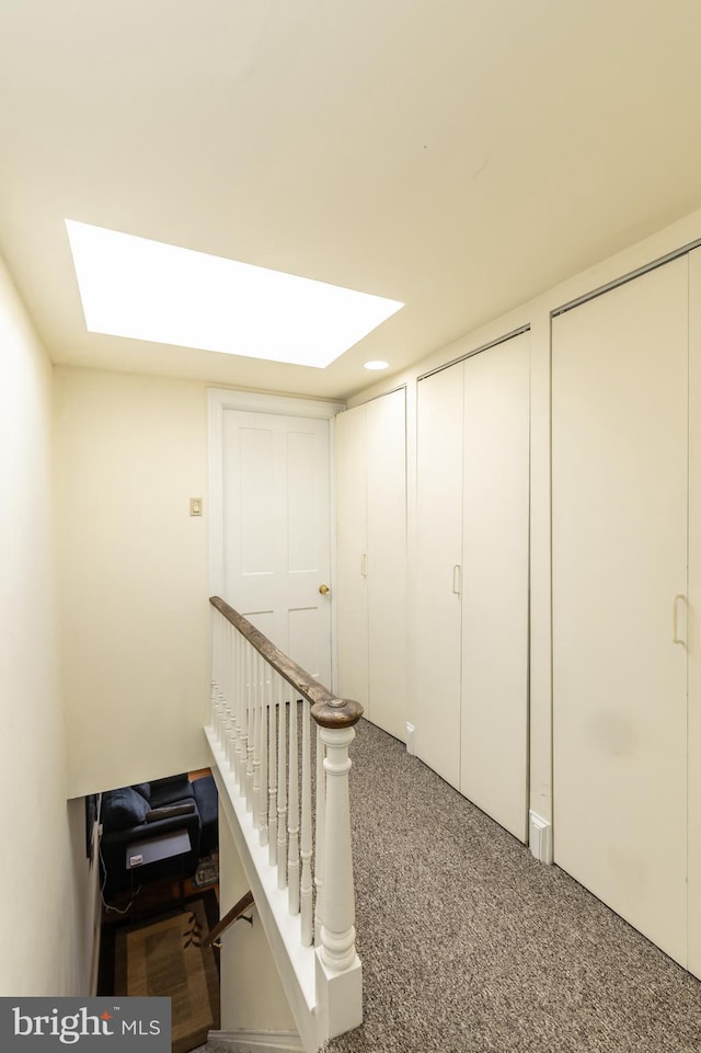 corridor with a skylight and carpet