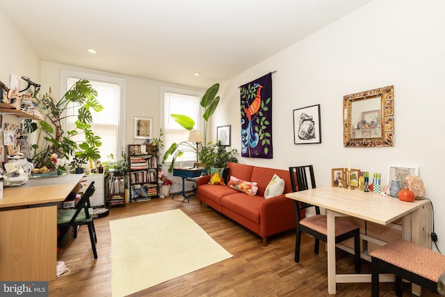 living area featuring wood finished floors and recessed lighting