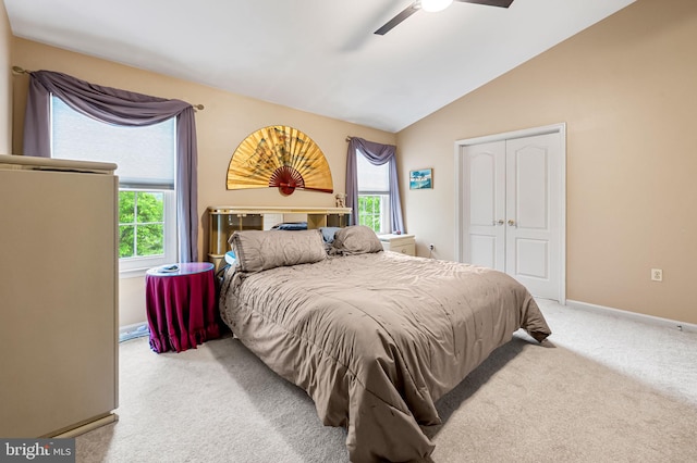 bedroom with carpet, multiple windows, lofted ceiling, a closet, and baseboards