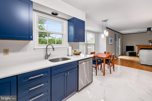 kitchen featuring dishwasher, blue cabinetry, a sink, light countertops, and light marble finish flooring