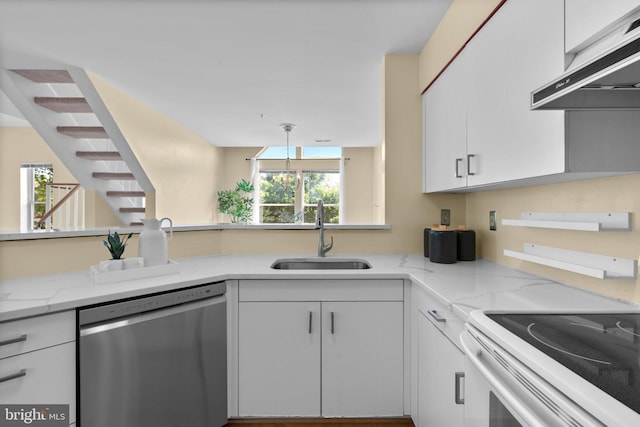 7617 Stony Creek Ln, Ellicott City, MD 21043 - kitchen with dishwasher, a sink, under cabinet range hood, white cabinetry, and light stone counters