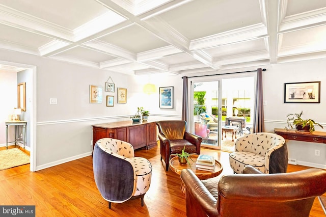 94 N Woodland Ave, Woodbury, NJ 08096 - living area featuring light wood-style flooring, coffered ceiling, beam ceiling, and baseboards