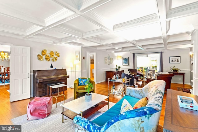 94 N Woodland Ave, Woodbury, NJ 08096 - living room with wood finished floors, coffered ceiling, beamed ceiling, and a chandelier