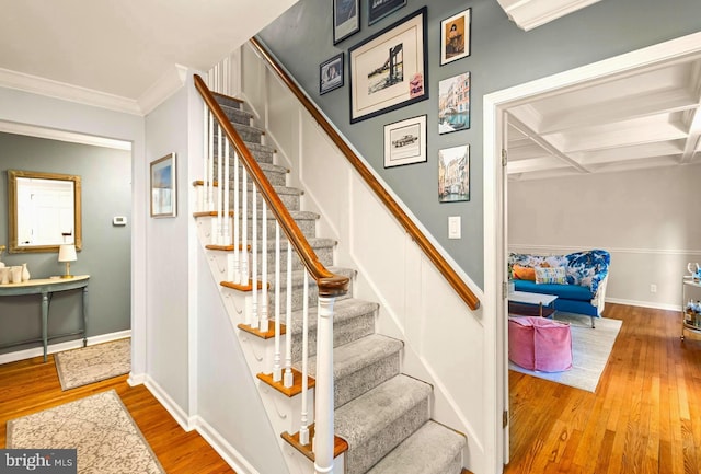 94 N Woodland Ave, Woodbury, NJ 08096 - stairs with ornamental molding, wood finished floors, baseboards, beamed ceiling, and coffered ceiling