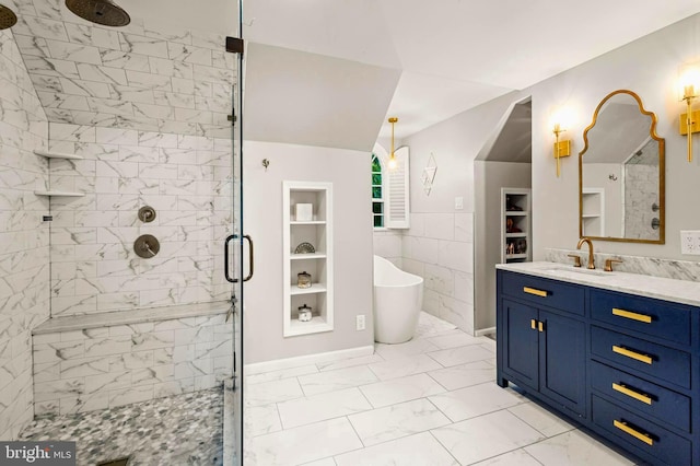 94 N Woodland Ave, Woodbury, NJ 08096 - bathroom featuring marble finish flooring, a shower stall, a freestanding bath, vanity, and built in features