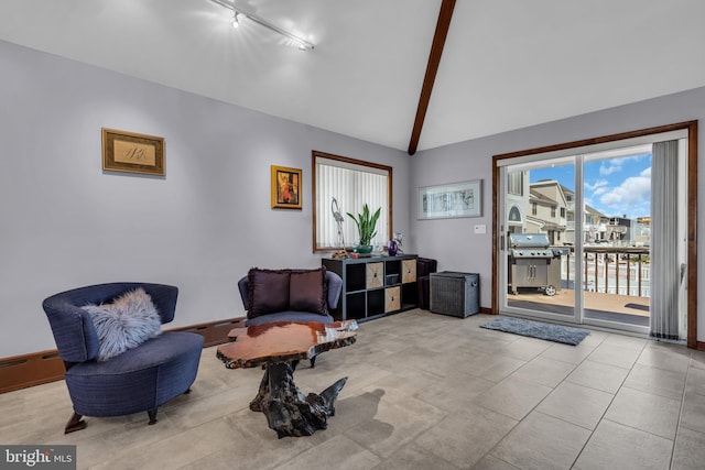 sitting room with rail lighting and a baseboard heating unit