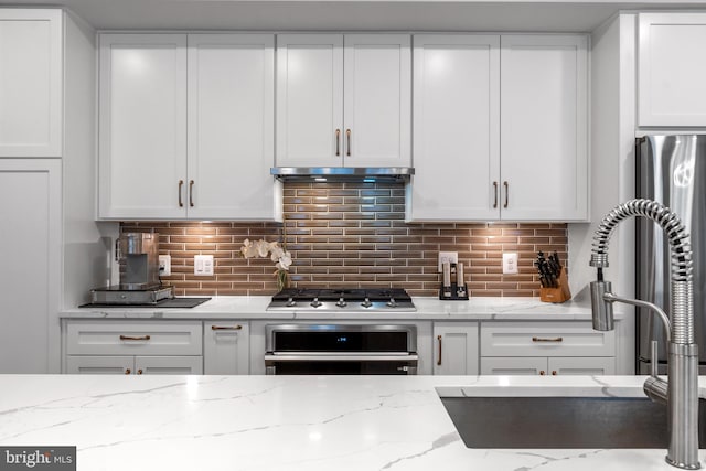 23650 Havelock Walk Ter Unit 303, Ashburn, VA 20148 - kitchen featuring white cabinets, a sink, stainless steel appliances, tasteful backsplash, and light stone counters
