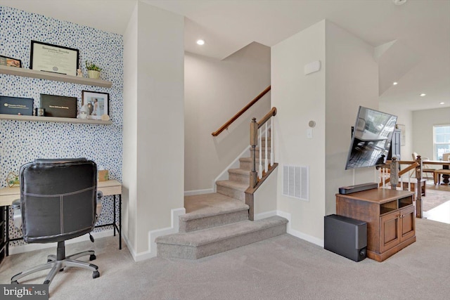 office featuring carpet flooring, baseboards, recessed lighting, and wallpapered walls