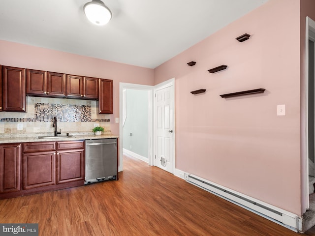 556 W Walnut St, Pottstown, PA 19464 - kitchen featuring stainless steel dishwasher, a sink, a baseboard radiator, light wood-type flooring, and decorative backsplash