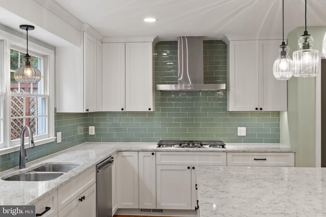 7071 Garden Walk, Columbia, MD 21044 - kitchen featuring wall chimney range hood, a sink, stainless steel appliances, and white cabinetry