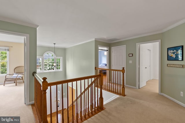 7071 Garden Walk, Columbia, MD 21044 - hall featuring an upstairs landing, light carpet, baseboards, and crown molding