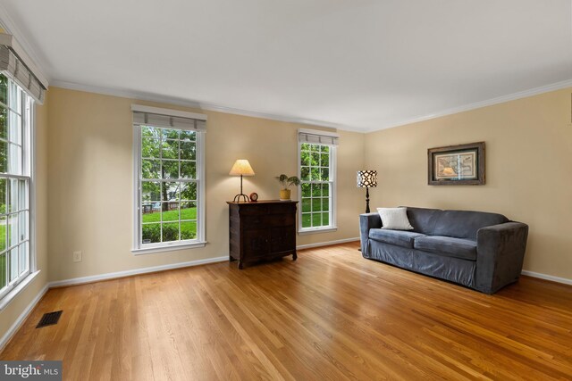 7071 Garden Walk, Columbia, MD 21044 - living room with wood finished floors, crown molding, baseboards, and healthy amount of natural light