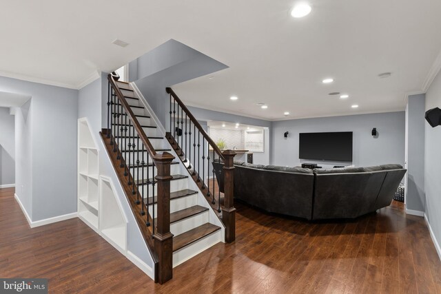 7071 Garden Walk, Columbia, MD 21044 - living area with stairway, wood finished floors, crown molding, baseboards, and recessed lighting