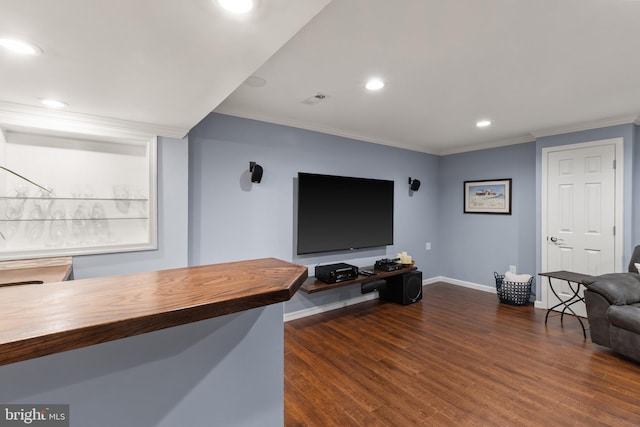 7071 Garden Walk, Columbia, MD 21044 - living area with dark wood finished floors, ornamental molding, recessed lighting, and baseboards