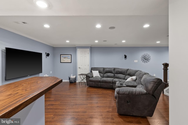 7071 Garden Walk, Columbia, MD 21044 - living room with recessed lighting, crown molding, dark wood finished floors, and baseboards