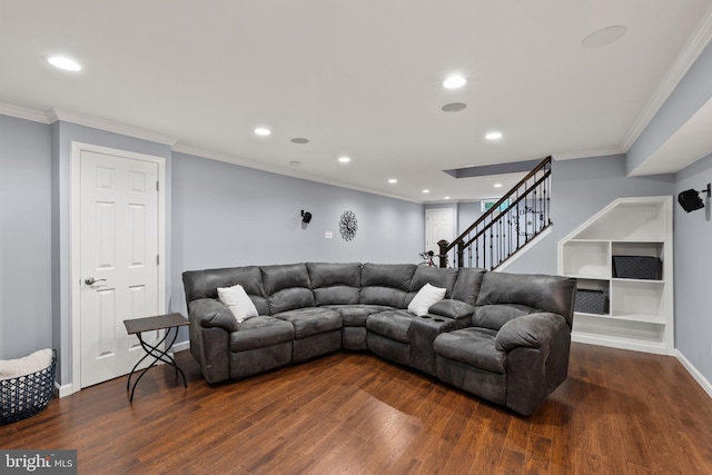7071 Garden Walk, Columbia, MD 21044 - living room with dark wood finished floors, recessed lighting, stairs, ornamental molding, and baseboards