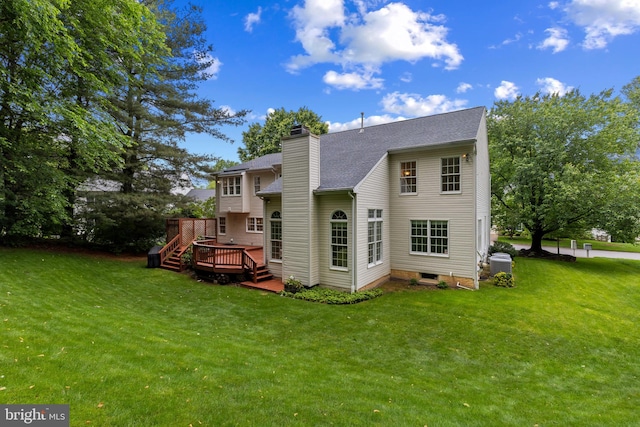 7071 Garden Walk, Columbia, MD 21044 - rear view of property featuring central air condition unit, a wooden deck, a lawn, and a chimney