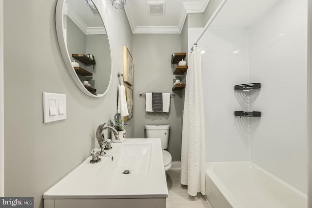 bathroom featuring toilet, ornamental molding, and shower / bath combo with shower curtain
