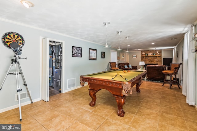 7912 Glengary Ct, Glen Burnie, MD 21061 - game room featuring billiards table, light tile patterned floors, a stone fireplace, baseboards, and ornamental molding