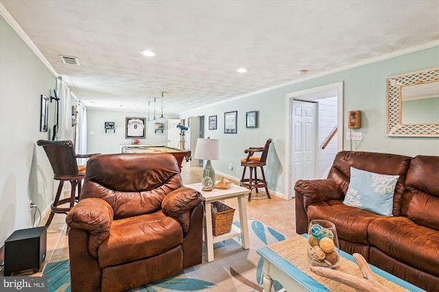 7912 Glengary Ct, Glen Burnie, MD 21061 - living area with pool table, crown molding, recessed lighting, baseboards, and light tile patterned flooring