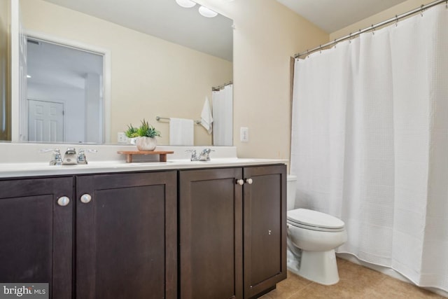 42004 Donnington Pl, Ashburn, VA 20148 - bathroom featuring toilet, double vanity, tile patterned flooring, and a shower with shower curtain