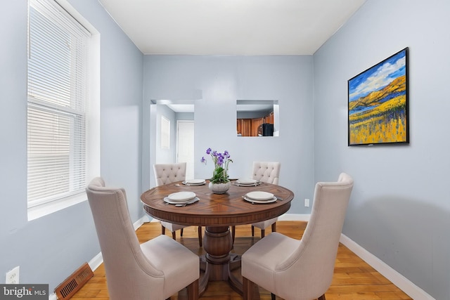 dining room with light wood finished floors and baseboards