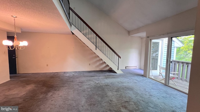 unfurnished living room with carpet, a chandelier, stairs, and baseboard heating
