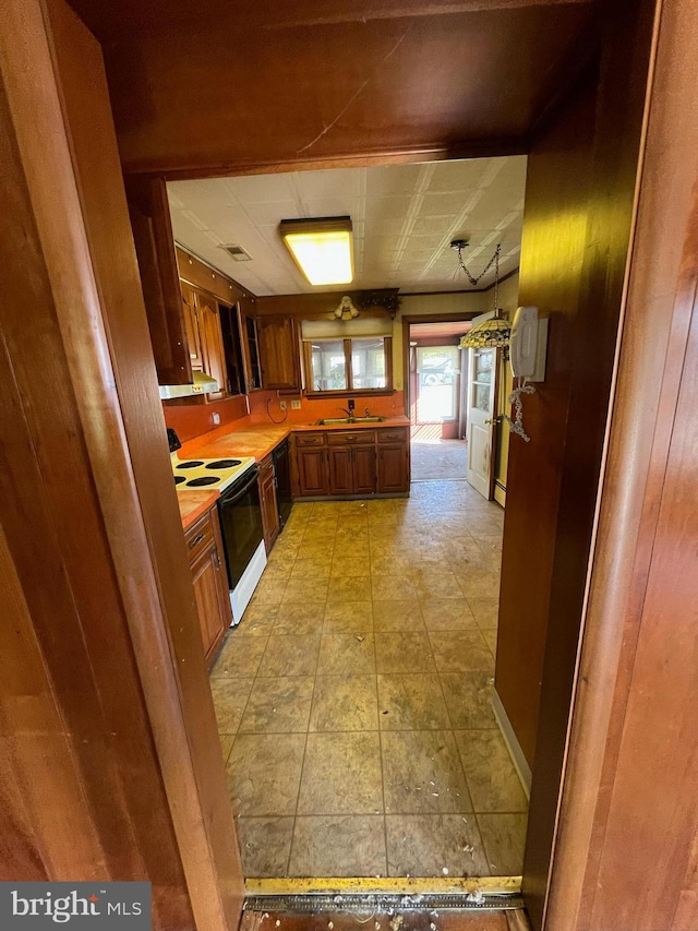 301 Ohio St, Boswell, PA 15531 - kitchen with range with electric stovetop, light countertops, a sink, brown cabinetry, and dishwasher