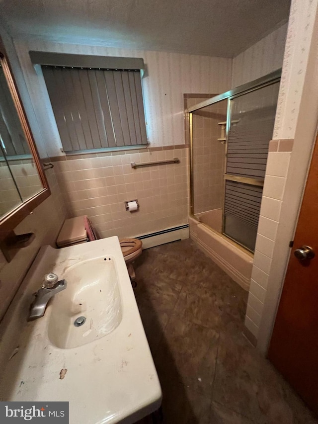 301 Ohio St, Boswell, PA 15531 - full bathroom with a baseboard heating unit, a sink, a shower stall, toilet, and tile walls