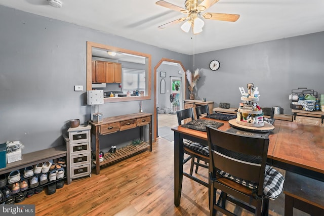 dining room with ceiling fan, light wood finished floors, and arched walkways