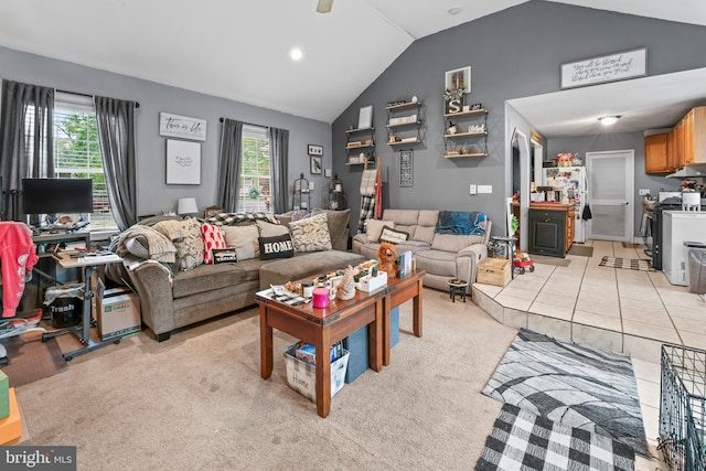 living room with vaulted ceiling, light carpet, and recessed lighting