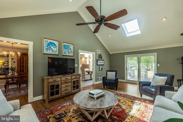 living room with a chandelier, wood finished floors, high vaulted ceiling, ceiling fan, and baseboards