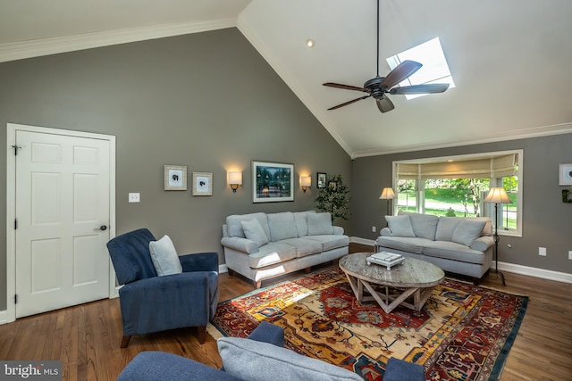living room featuring high vaulted ceiling, baseboards, ceiling fan, wood finished floors, and a skylight