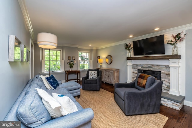 living area featuring crown molding, wood finished floors, a stone fireplace, baseboards, and recessed lighting
