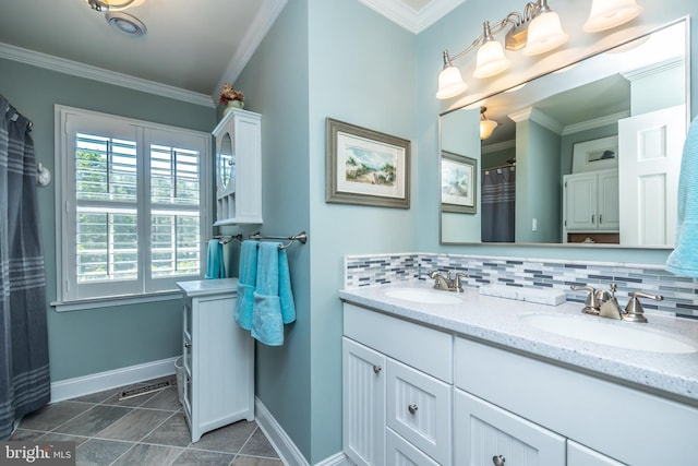 full bathroom with baseboards, double vanity, ornamental molding, and decorative backsplash