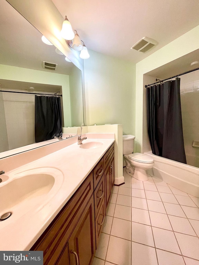 full bathroom with tile patterned flooring, toilet, double vanity, and shower / tub combo with curtain