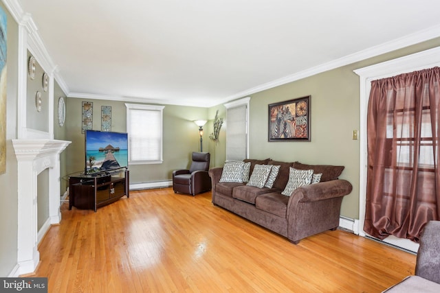 430 W Palmer St, Morrisville, PA 19067 - living room featuring wood finished floors, crown molding, baseboard heating, and a fireplace