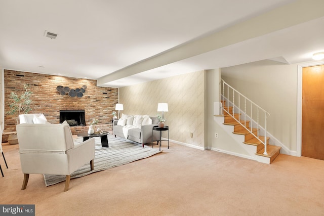 6008 Hawthorne St, Cheverly, MD 20785 - carpeted living area with baseboards, stairs, and a brick fireplace
